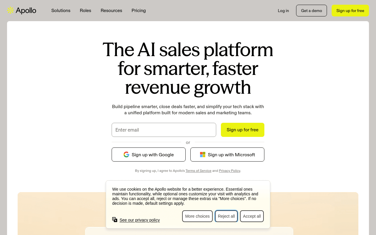 Apollo.io homepage — AI sales platform with a large B2B contact database