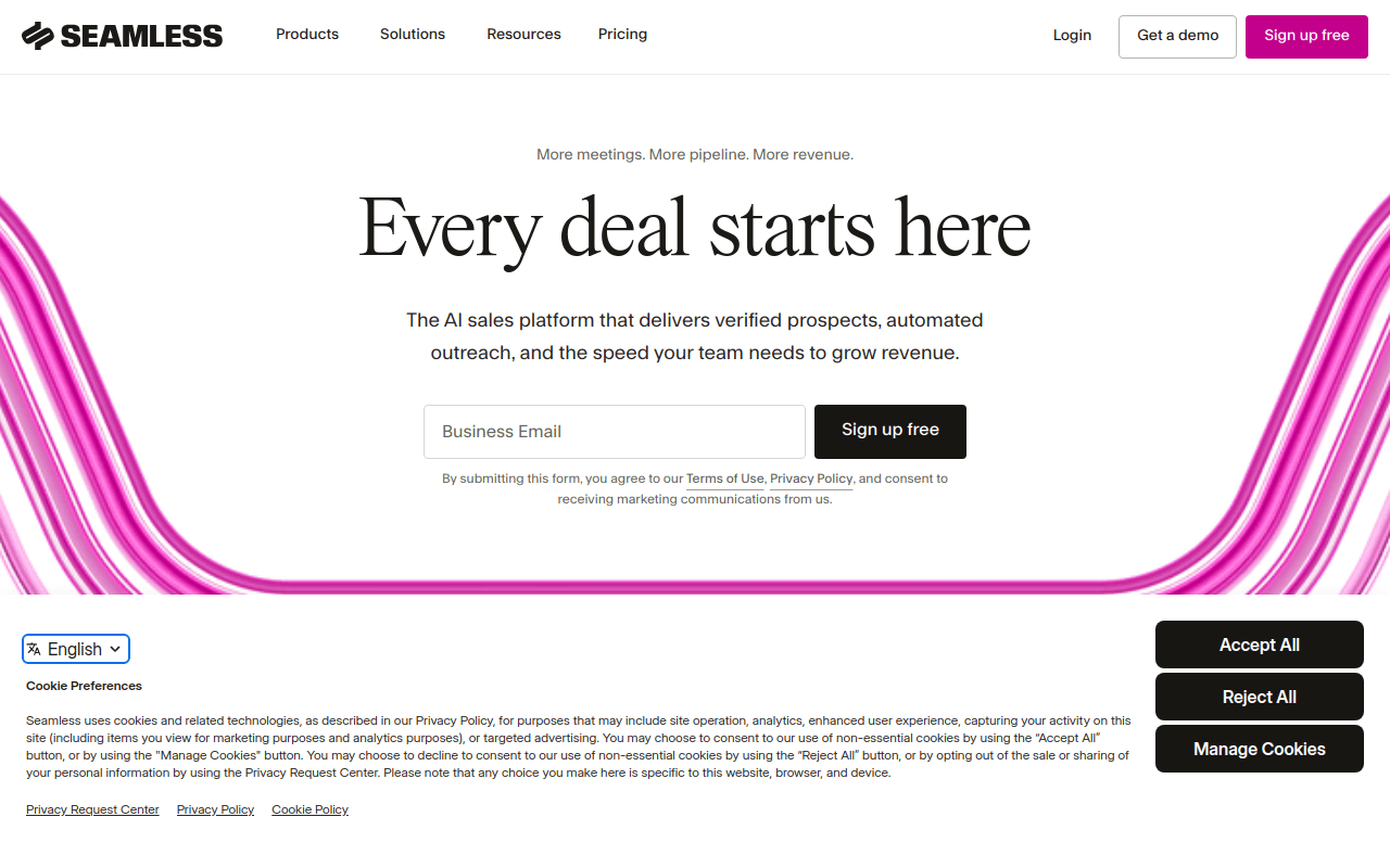Seamless.ai homepage — real-time B2B contact search engine