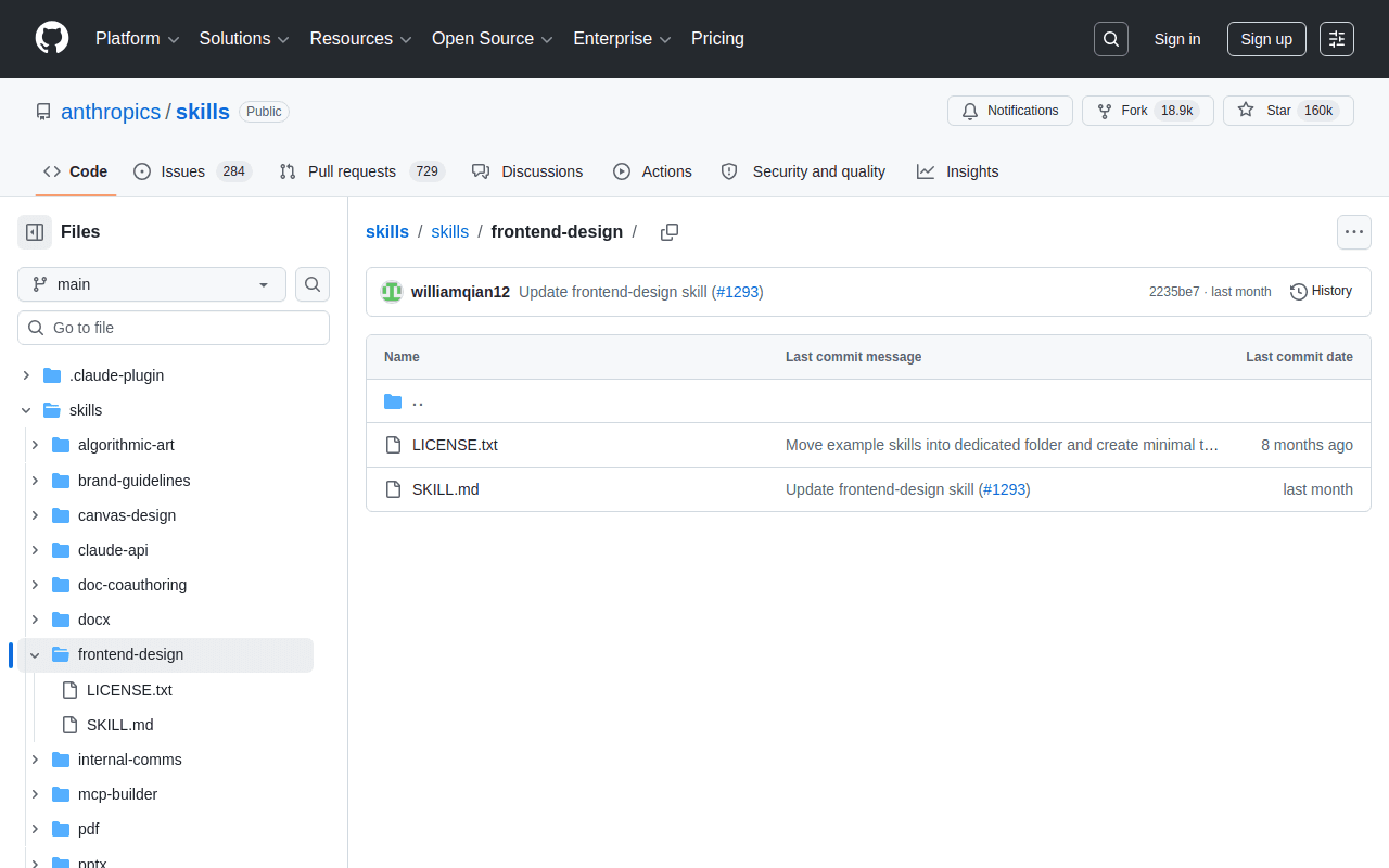 Skill frontend-design d'Anthropic dans le dépôt officiel des skills
