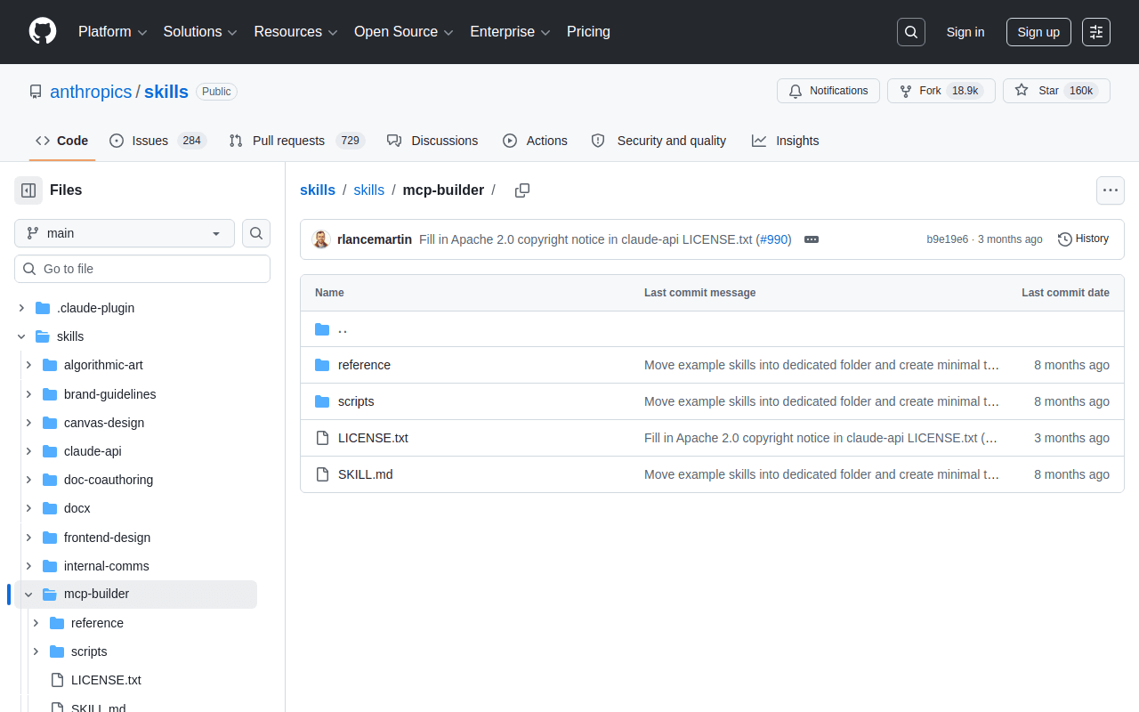 Skill mcp-builder d'Anthropic dans le dépôt officiel des skills