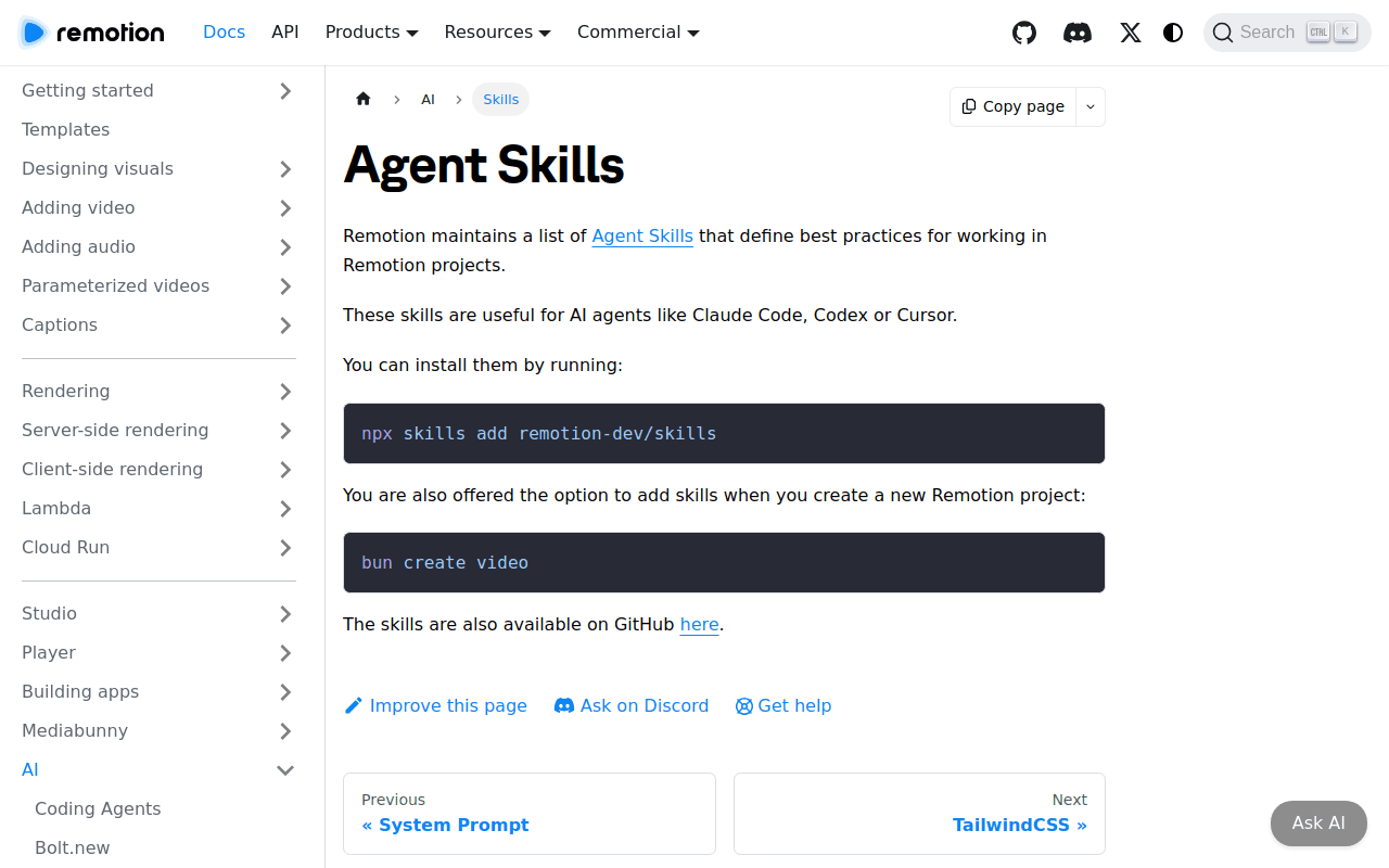 Page de documentation des skills d'agent Remotion
