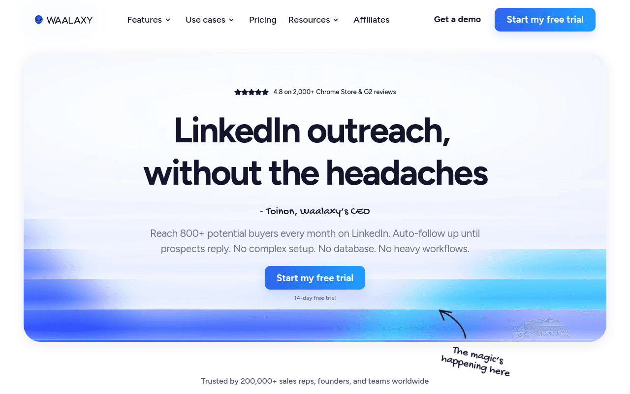 Waalaxy homepage — LinkedIn and email multichannel prospecting automation