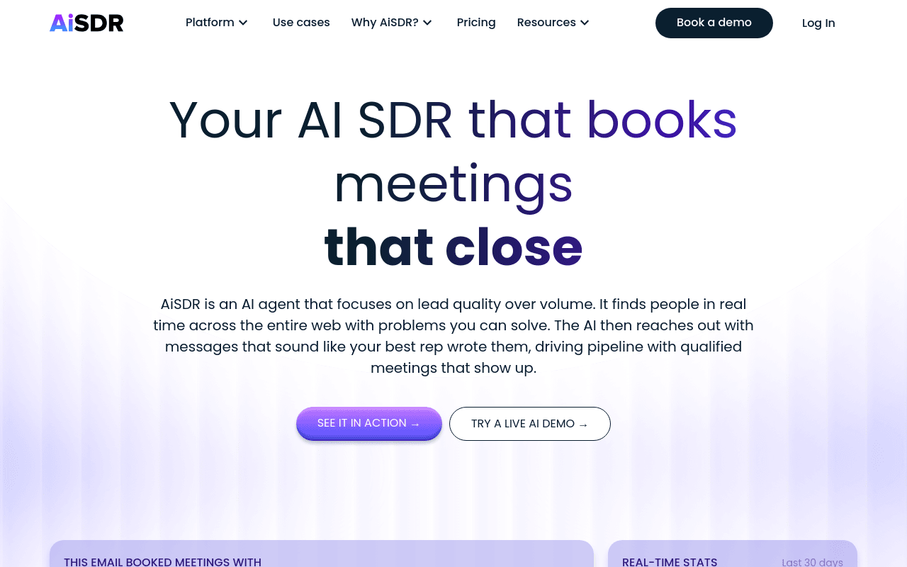 AiSDR homepage — an AI SDR that books meetings that close