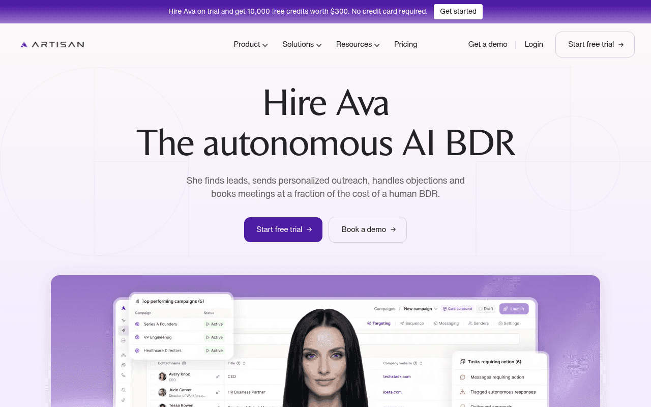 Artisan homepage introducing Ava, the autonomous AI BDR