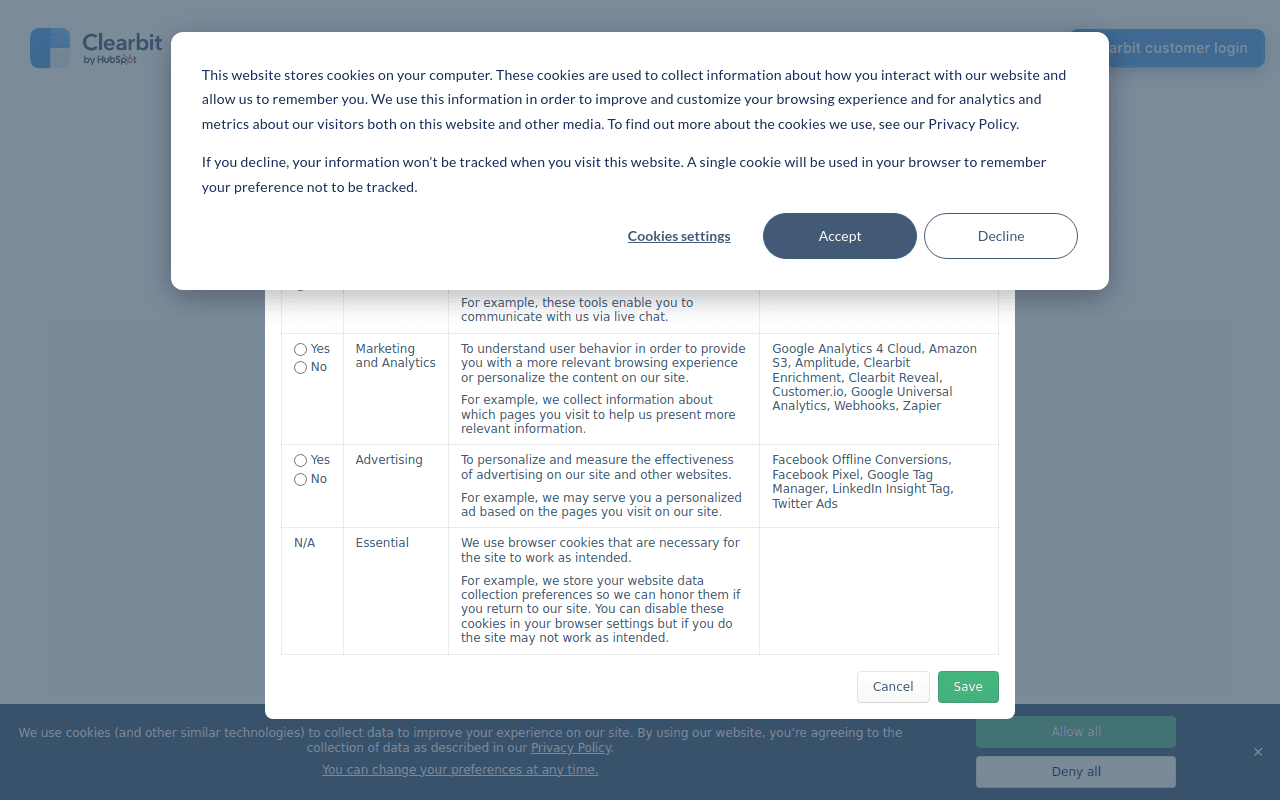 Clearbit homepage — B2B data enrichment and intent platform, now part of HubSpot