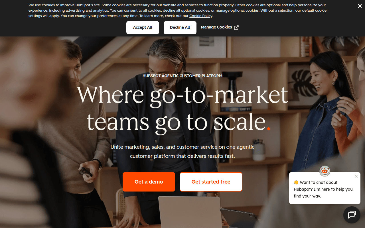 HubSpot homepage — CRM platform with marketing, sales, and service hubs