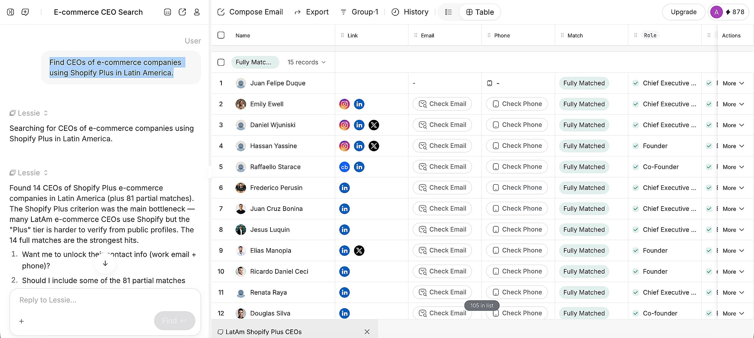Lessie product interface showing an AI search result list with matched B2B contacts