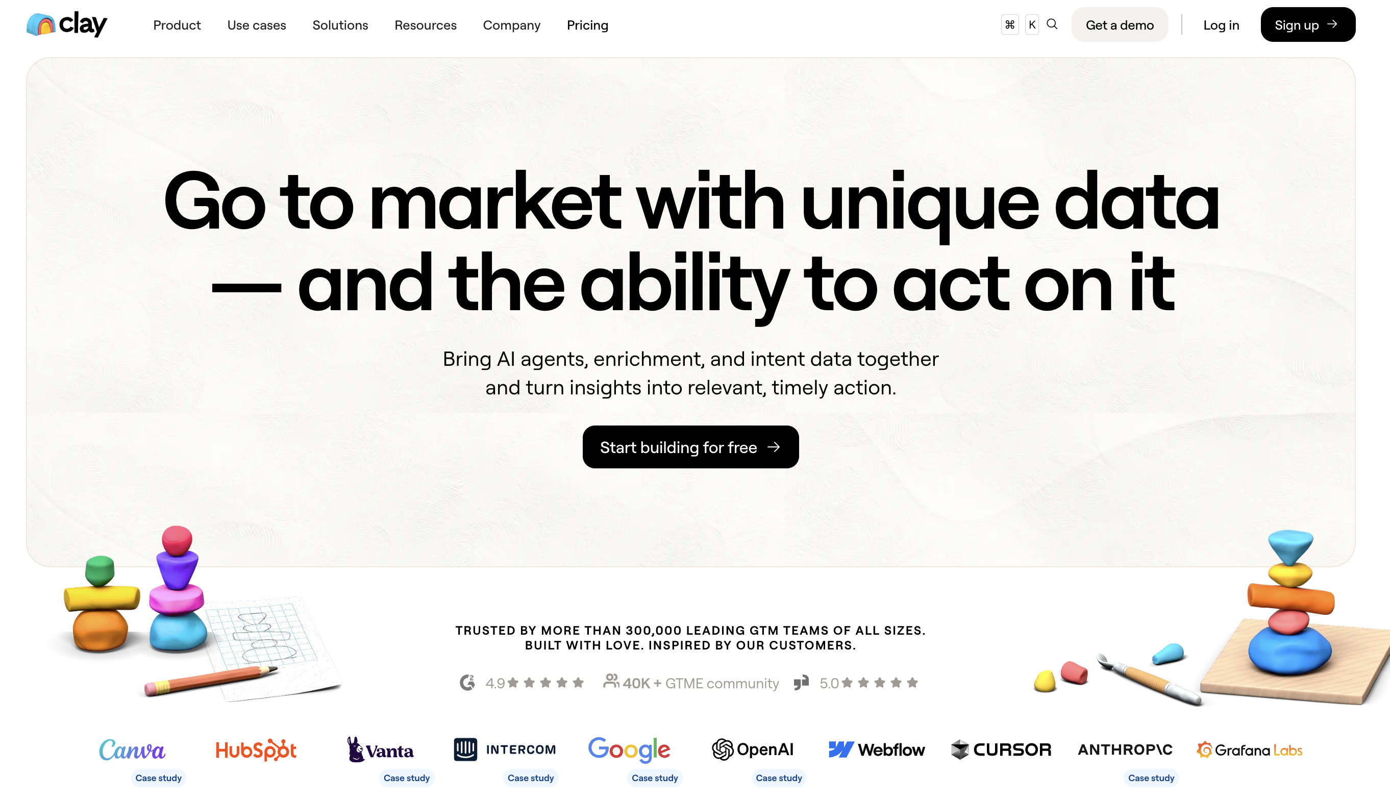 Clay.com homepage — Go to market with unique data and the ability to act on it
