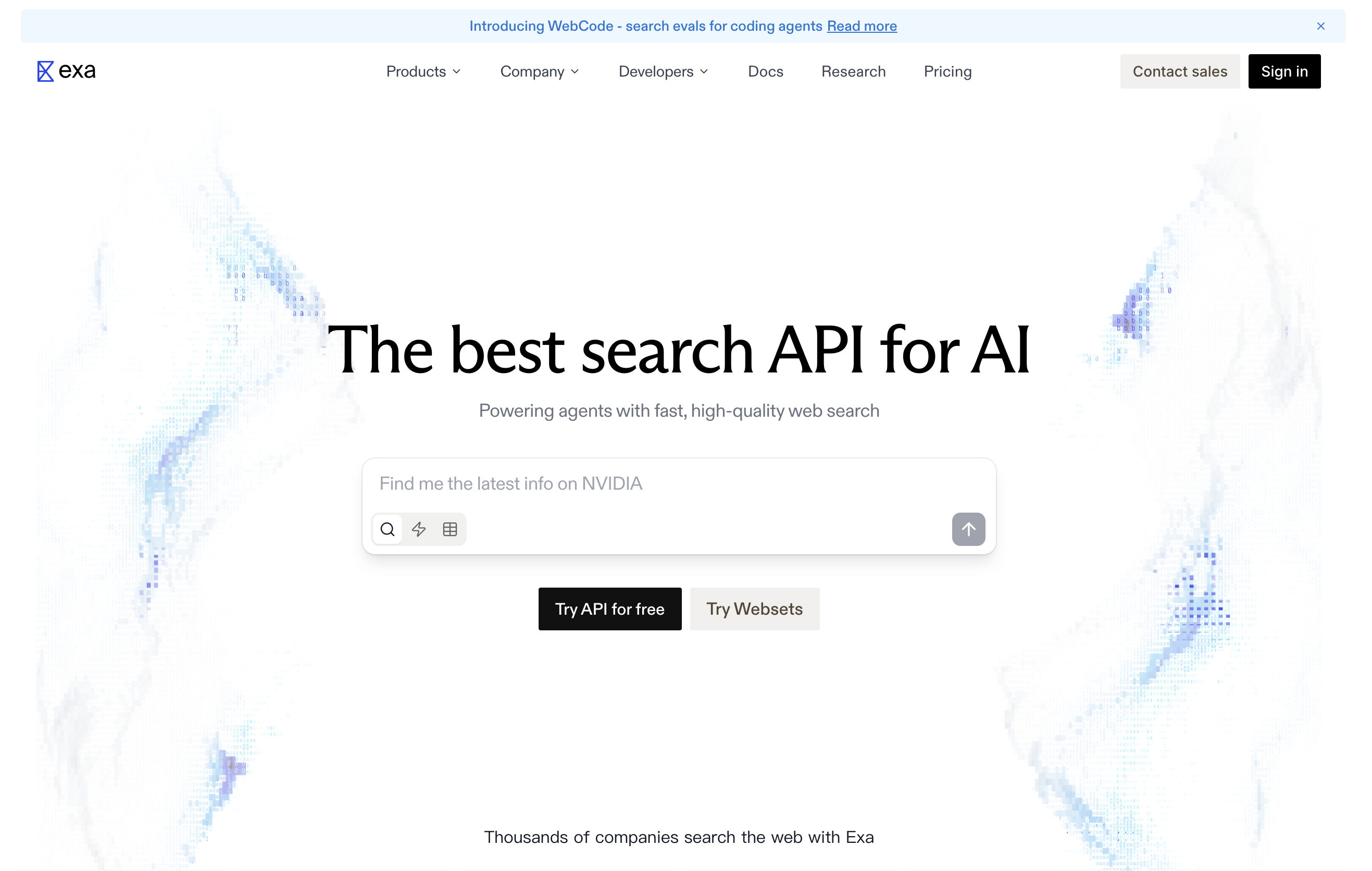 Exa.ai homepage — The best search API for AI, powering agents with fast, high-quality web search