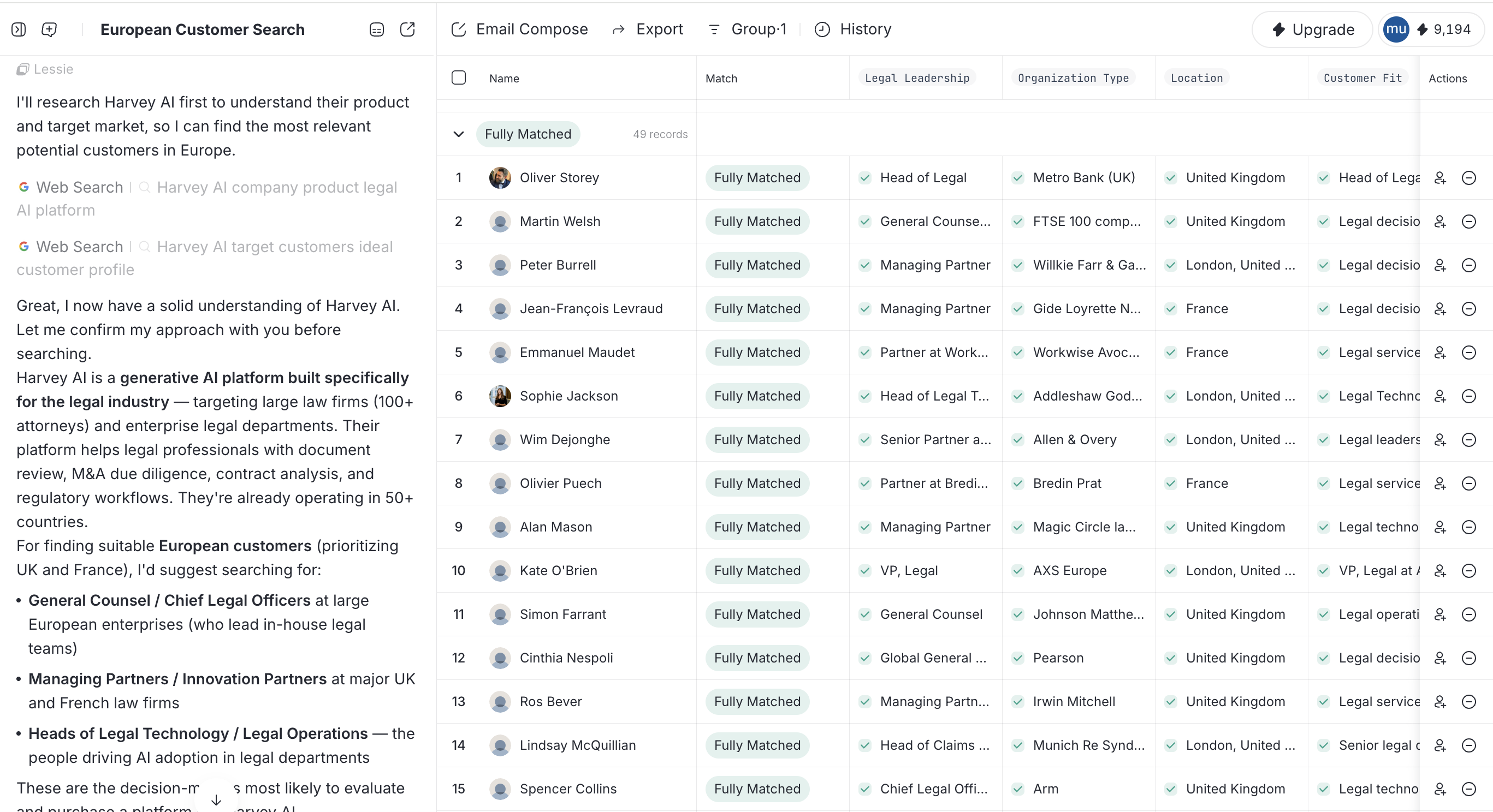 Lessie AI search results showing 29 fully matched climate tech podcast hosts in Europe with 50K+ audiences